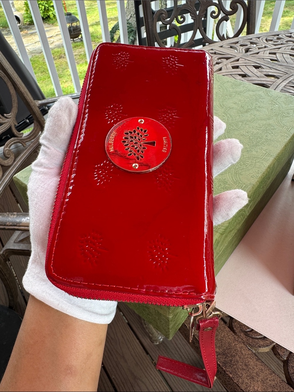 Mulberry Red Patent Zip-Around Long Wallet with Gold Tree Medallion - Picture 3 of 4